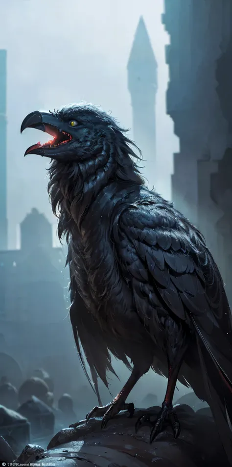 (best quality:1.2, ultra-detailed, realistic:1.37), black feathers, realistic portrait of a giant crow, dark and mysterious artistic style, intense lighting, vibrant colors