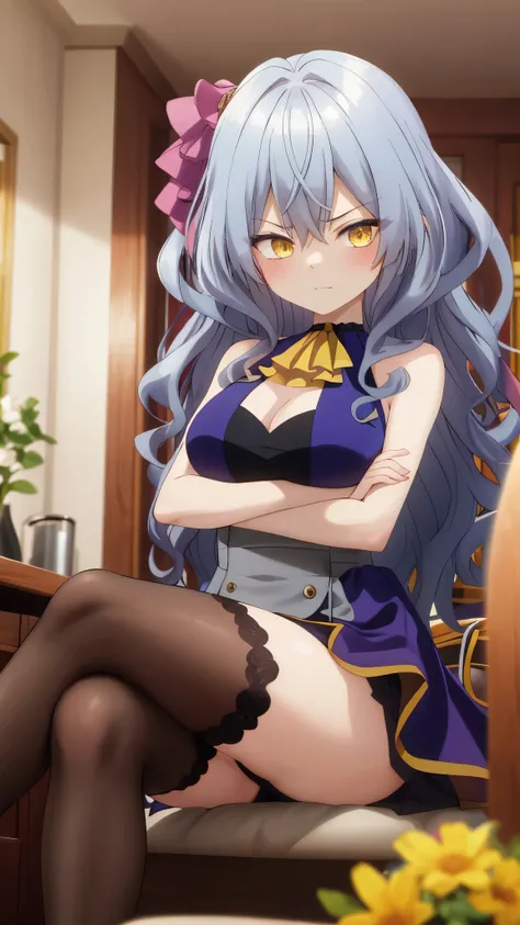 One girl with wavy hair, bangs, yellow eyes, looking at viewer, blushing, embarrassed, serious expression, indoor, living room, dress, dress, long hair, ascot, large breasts, cleavage, sleeveless dress, thigh, sitting, crossed legs, bare legs, crossed arms...