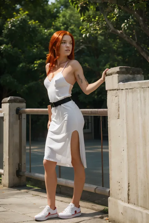 1 Girl, (bright red hair:1.3), shoulder length hair, (photorealism:1.4), realistic anatomy, medium breasts, white dress, black belt, black shoes, posing, standing at the railing