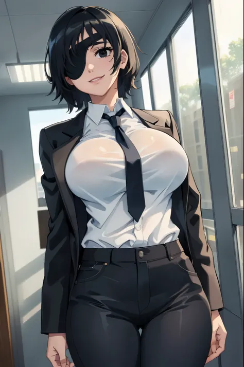 1girl, (solo:1.2), curvy, (masterpiece:1.2), (best quality:1.2), (perfect anatomy:1.4), (large breasts:1.4), (cowboy shot:1.4), cell shading, simple shading, clean lineart, indoors, at office, himeno, short hair, smile, (black eyes:1.2), black hair, eyepat...