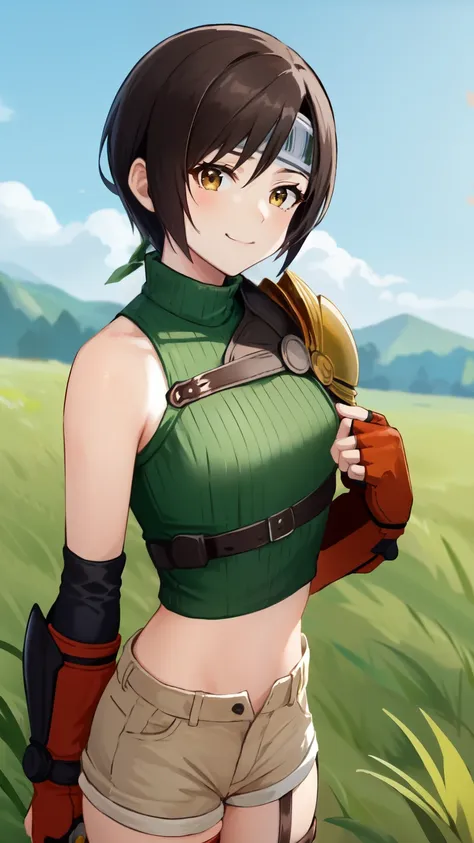 masterpiece, best quality, yuffie kisaragi, headband, green crop top, shoulder armor, armguard, fingerless gloves, tan shorts, s...