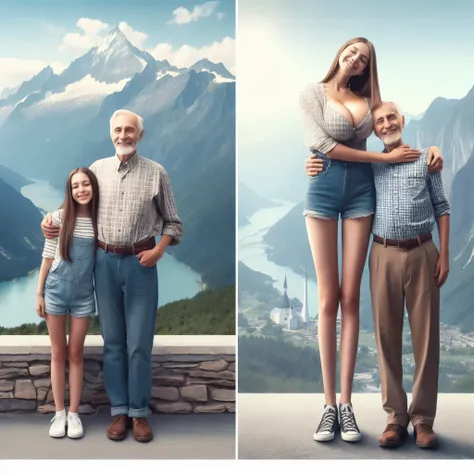 thin striped shirt, (big giant enormous oversized massive huge colossal breasts:1.5), (gigantic sagging breasts:1.5), symmetric breasts, man staring, (very long hair)