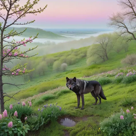(light morning fog in the distance):1.2335, (POV:1.4), First-person view from a high cliff, a large black and gray wolf looks down, a spring meadow with the first spring flowers and young green grass stretches in front of him, the first spring insects circ...