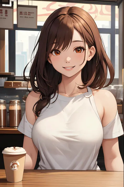(Raw photo, highest quality), 1 girl, Natural light, Upper body, coffee shop, smile, Satosh Kong's art style