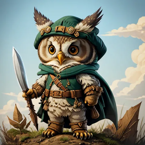 cute cartoon sticker of an owl dressed as an fantasy rogue with daggers like pencils