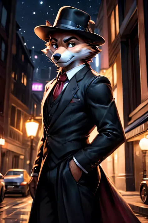 there is a dog wearing a suit and hat standing in front of a building, epic and classy portrait, dramatic cinematic detailed fur...