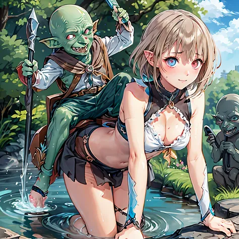 masterpiece, (((goblinriding, a goblin is riding a girl))), goblin, mutiple goblins, goblins, (all fours), 1girl, (magical girl:1.1), (nose hook), reins, collar, chain, rope, obey, happy trance, smile, hair ornaments, short hair, blonde hair, hair ribbon, ...