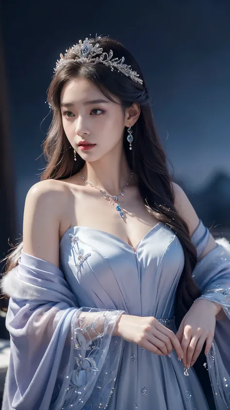 There was a woman in a Rose Colour dress，Wearing a necklace,((a beautiful fantasy empress).inspired by Sim Sa-jeong，Azure.detailed hairs,winter princess,LCE Princess,Guvez-Steville artwork,8K)),fantasy aesthetic!.Guviz,Ice Queen,8k high-quality detailed ar...