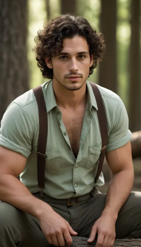 Green-tinted photo, 30 y.o explorer, male, wearing suspenders, brown eyes, dark curly hair, oval-shaped jawline, broad shoulders, thick chest, stout, stocky build, chubby, perfect detailed eyes, bulbous nose, sweaty, glistening skin, sitting on a log, hard...