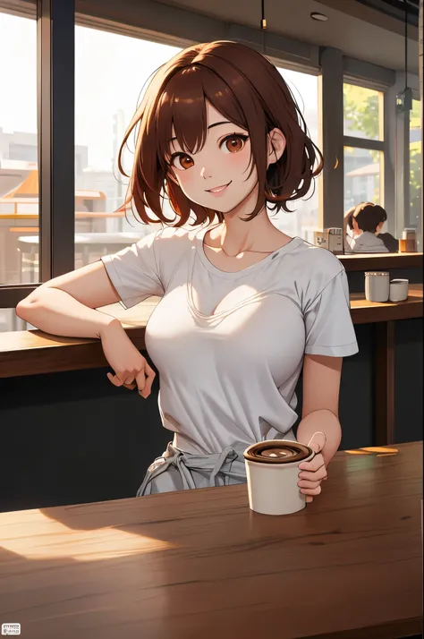 (Raw photo, highest quality), 1 girl, Natural light, Upper body, coffee shop, smile, Satosh Kong&#39;s art style