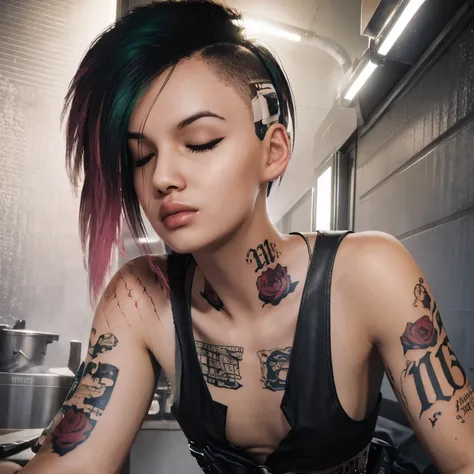 1girls,closed eyes,female,female only,punk,punk girl,tattoo,tattoos,thick lips,two tone hair