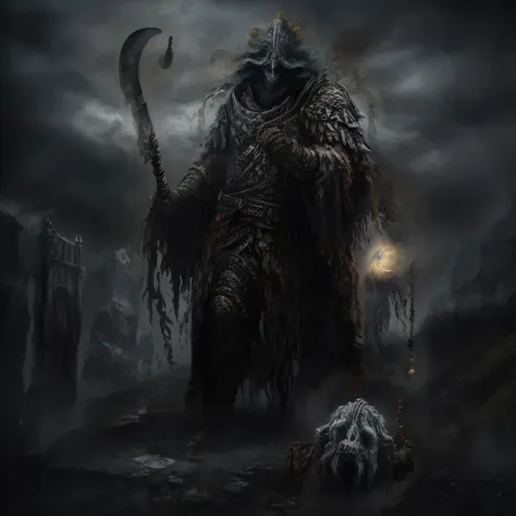 （best quality：1.0），（ultra high resolution：1.0），（masterpiece），apocalyptic style），Elden Ring，Extremely terrifying，Jumbo phobia：1，background with：1.2，grim Reaper，Depicts the mysterious and terrifying image of the Grim Reaper，Holding a sickle in his left hand，...