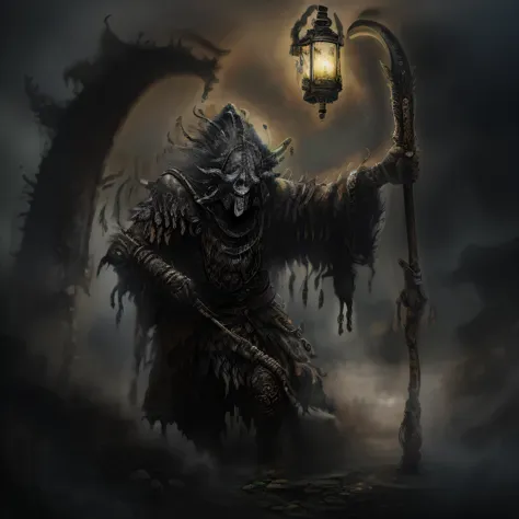 （best quality：1.0），（ultra high resolution：1.0），（masterpiece），apocalyptic style），Elden Ring，Extremely terrifying，Jumbo phobia：1，background with：1.2，grim Reaper，Depicts the mysterious and terrifying image of the Grim Reaper，Holding a sickle in his left hand，...