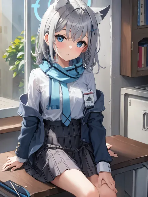 masterpiece, highest quality, super detailed, indoors, school ,hello,gray hair,medium hair,blue eyes,blue scarf,white shirt,(blu...