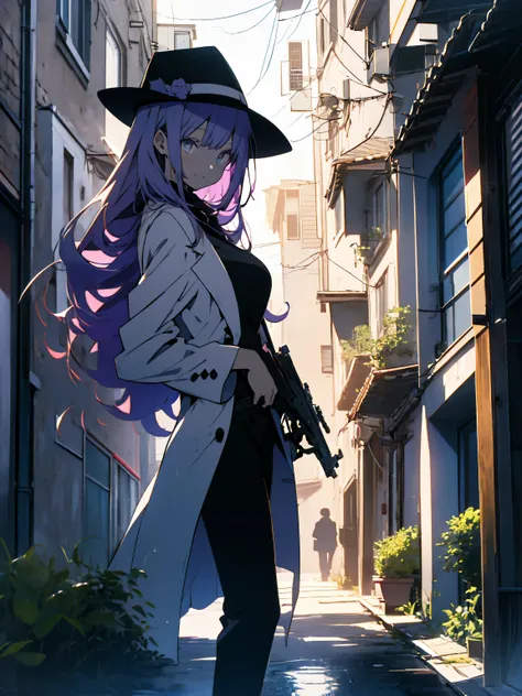 (highest quality、masterpiece、High resolution、detailed)､(Shining eyes、detailed beautiful face)、1 girl 20 years old, Dubious smile, White skin beauty, purple hair、good style、black pants suit、white dress shirt、black wide brimmed hat、black gloves、black pumps、h...