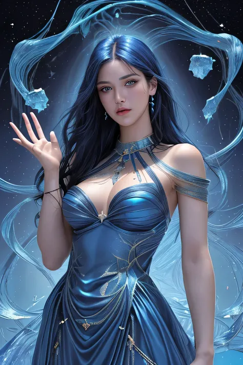 ( Absurd , High quality , ultra detailed, careful with hand )Zodiac - Sagittarius goddess , similar to latin goodness . Optimistic, fair-minded, funny and intellectual face . Reckless, cold-hearted, impatient, overconfident style . Dark blue eyes (eyes det...