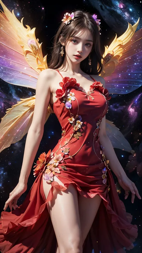 4k ultra hd, masterpiece, a girl, good face, detailed eyes, detailed lips, flower fairy girl, big wings, transparent wings, neon lights, (galaxy background:1.5), (flower dress:1.8), (red dress:1.5), in the heaven,