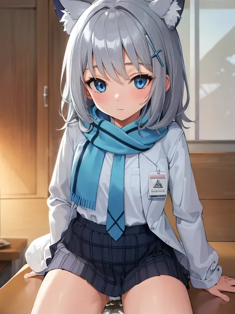 masterpiece, highest quality, Super detailed, indoors, school ,Hello,gray hair,medium hair,blue eyes,blue scarf,white shirt,(blue jacket:1.1) , No expression