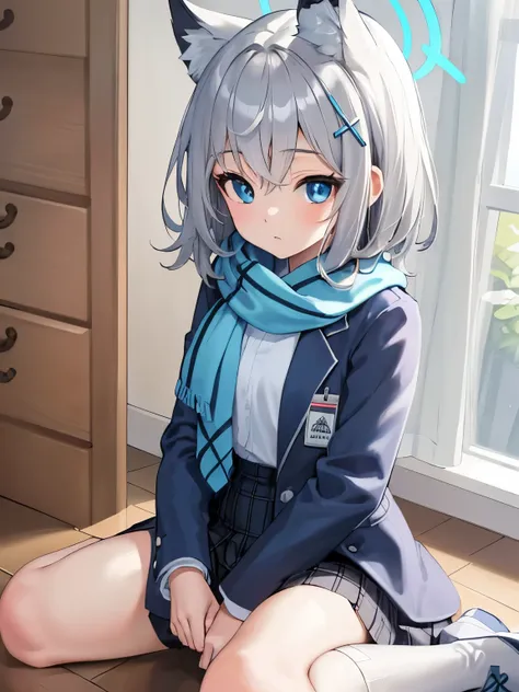 masterpiece, highest quality, super detailed, indoors, school ,hello,gray hair,medium hair,blue eyes,blue scarf,white shirt,(blu...