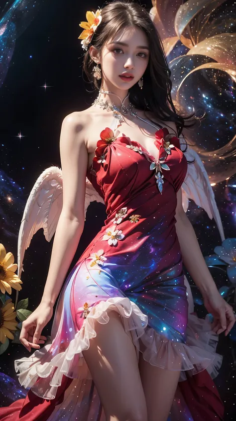 4k ultra hd, masterpiece, a girl, good face, detailed eyes, detailed lips, flower fairy girl, big wings, transparent wings, neon lights, (galaxy background:1.5), (flower dress:1.8), (red dress:1.5), in the heaven,