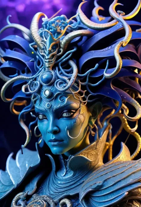 Close-up of a Medusa wearing a very strange costume, complex clothing design, dreamworks animated bjork, james cameron avatar style, fantasy movie, Cyberpunk Elf Queen, Emma Watson plays the Snow Queen, Warhammer Nagash Haute Couture, Thierry Muller, 《Cora...