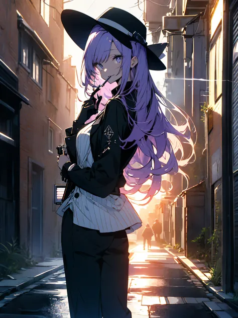 (highest quality、masterpiece、High resolution、detailed)､(Shining eyes、detailed beautiful face)、1 girl 20 years old, Dubious smile, White skin beauty, purple hair、good style、black pants suit、white dress shirt、black wide brimmed hat、black gloves、black pumps、(...