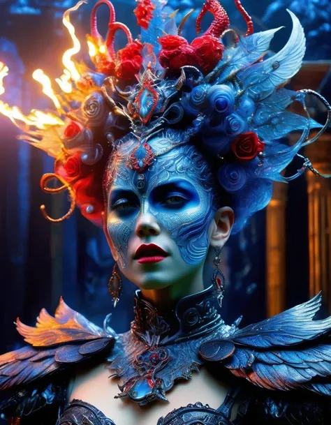 Gothic style red,Greek mythology Medusa wearing a very strange costume,(human head snake body),(snake scale skin),Black smoky makeup,There is red blood in the corner of the eye,Red snake tongue sticking out from open mouth,Blue seductive eyes,In the foregr...