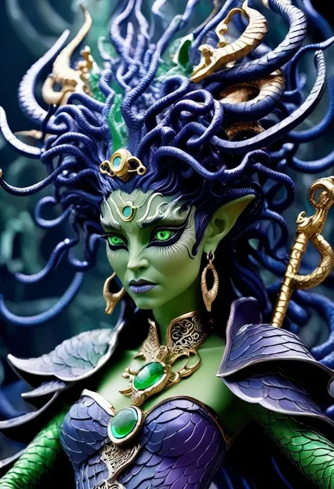 Close-up of a Medusa wearing a very strange costume, green eyes，seductive，complex clothing design, dreamworks animated bjork, james cameron avatar style, fantasy movie, Cyberpunk Elf Queen, Emma Watson plays the Snow Queen, Warhammer Nagash Haute Couture, ...