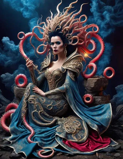 Gothic style red,Greek mythology Medusa wearing a very strange costume,(human head snake body),(Hair made of countless snakes),(snake scale skin),Black smoky makeup,There is red blood in the corner of the eye,Red snake tongue sticking out from open mouth,B...