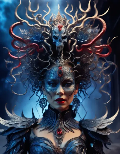 gothic style red，greek mythology medusa wearing a very strange costume，（human head snake body），（hair made of countless snakes），（...