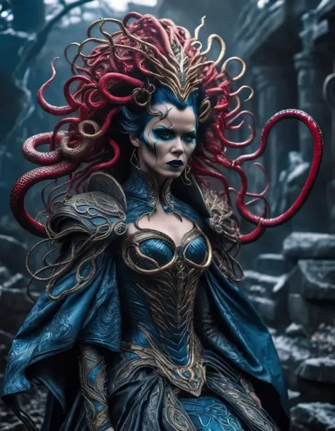 Gothic style red,Greek mythology Medusa wearing a very strange costume,(human head snake body),(Hair made of countless snakes),(snake scale skin),Black smoky makeup,There is red blood in the corner of the eye,Red snake tongue sticking out from open mouth,B...
