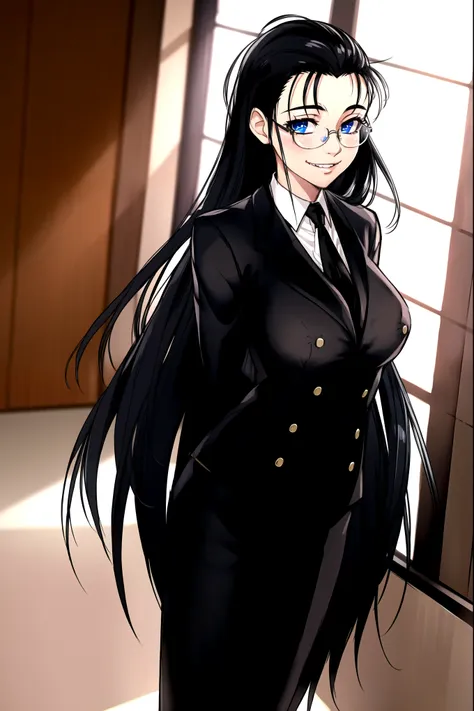 masterpiece, best quality, 1girl, solo, vanwinkle, standing,  female focus, blue eyes, messy hair, suit, glasses, necktie, big b...