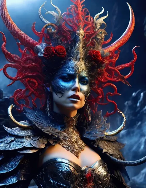 Gothic style red,Greek mythology Medusa wearing a very strange costume,(A lot of black smoke sticks out from the blow:0.65)(human head snake body),(Hair made of countless snakes),(snake scale skin),Black smoky makeup,There is red blood in the corner of the...