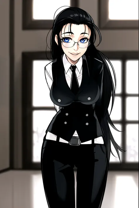 masterpiece, best quality, 1girl, solo, vanwinkle, standing,  female focus, blue eyes, messy hair, suit, glasses, necktie, big b...