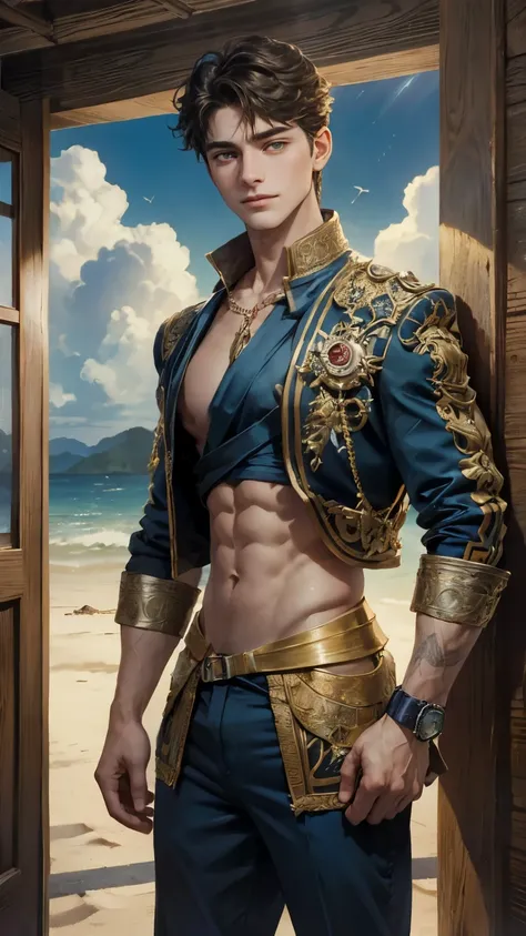 (absurdres, highres, ultra detailed, HDR), masterpiece, intricate details, best quality close-up picture of King perseus in his younger age with a perfect face, smirks, a boy with handsome looks, cool royale outfit, short hair, anime eyes, matured teen, fa...