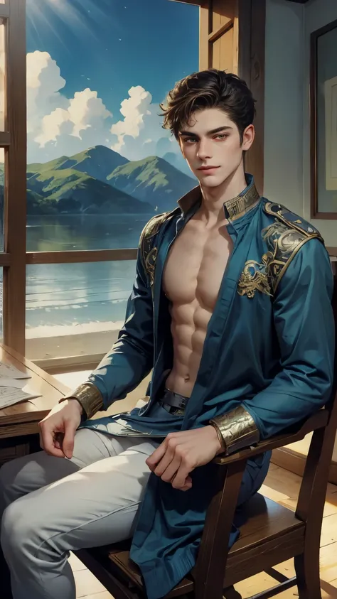 (absurdres, highres, ultra detailed, HDR), masterpiece, intricate details, best quality close-up picture of King perseus in his younger age with a perfect face, smirks, a boy with handsome looks, cool royale outfit, short hair, anime eyes, matured teen, fa...