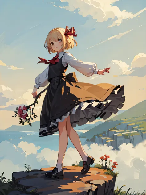 rumia,smile,walking on the cliff,full body,spread arms,((holding a branch)),from side,blue sky,high quality,high resolution,masterpiece,