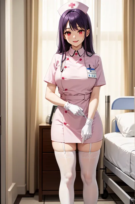 1woman, solo, nurse, white nurse cap, white nurse uniform, ((white legwear, zettai ryouiki)), white gloves, long hair, purple hair, red eyes, pink lips, smile, standing, ((hospital room)), sharp outline, short sleeves, mature female, 35 years old, best qua...
