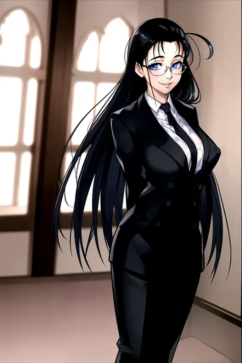 masterpiece, best quality, 1girl, solo, vanwinkle, standing,  female focus, blue eyes, messy hair, suit, glasses, necktie, big b...