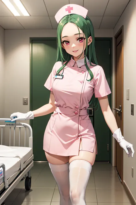 1woman, solo, nurse, white nurse cap, white nurse uniform, ((white legwear, zettai ryouiki)), white gloves, forehead, long hair, green hair, pink eyes, pink lips, smile, standing, ((hospital room)), sharp outline, short sleeves, mature female, 35 years old...