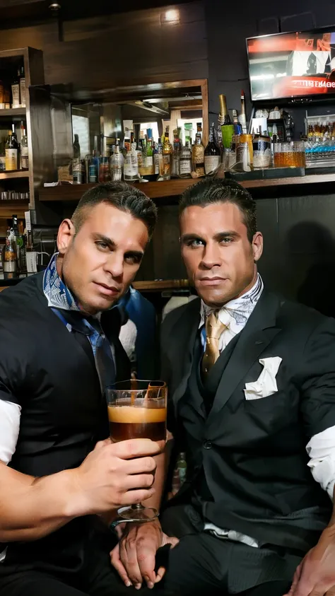 there are two men sitting at a bar, businessmen, wearing suit and tie, formal, drinking at the bar, sitting at the bar, two handsome men, muscular, big muscles, at a bar