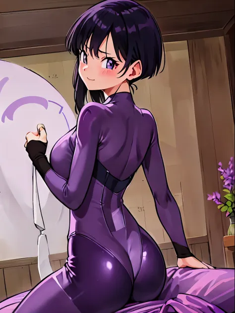 forest,videl,1 girl,alone,((bright purple tight suit,:1.5)),barefoot,big breasts,smile,blush,research room,bare hands,highest im...