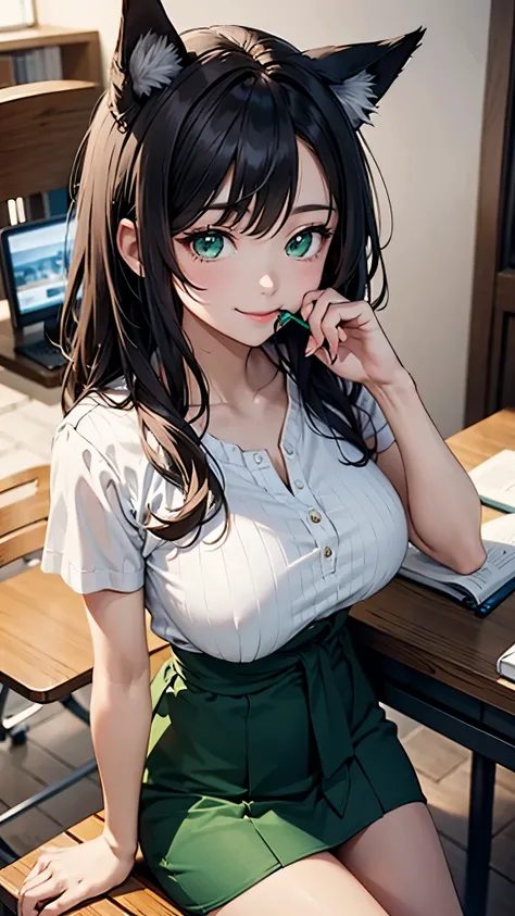 highest quality、masterpiece、８K、1 female、20-year-old、black hair、Wavy Long Hair、bangs、fox ears、(attractive woman)、(smile)、white blouse、room、emerald green eyes、sparkling eyes、big bust、((from waist to head))、(sitting at the desk)、Novelist、holding a pencil in m...