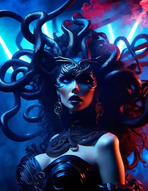 Gothic style red,Greek mythology Medusa wearing a very strange costume is blowing protruding large amounts of black smoke:0.9),(human head snake body),(Hair made of countless snakes),(snake scale skin),Black smoky makeup,There is red blood in the corner of...