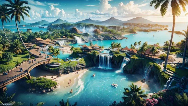 tropical island with waterfall and palm trees, epic matte painting of an island, Highly detailed 4k digital art, beautiful digital art, very detailed paradise