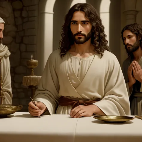 A holy and serene image of Jesus of Nazareth as he bows his head to pray at the Last Supper. His intricately textured robe, shimmering with ultraglow aura, is draped over the long table. The room is bathed in soft, warm light, filling every crevice with ge...