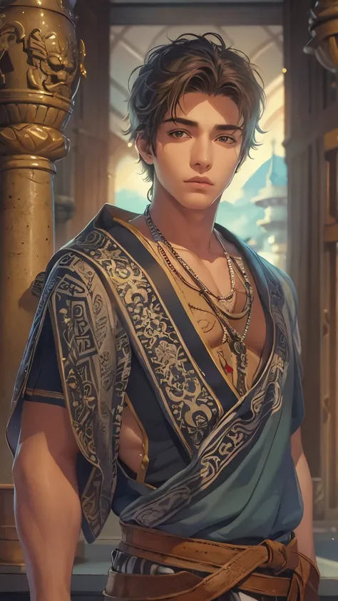 (absurdres, highres, ultra detailed, HDR), masterpiece, intricate details, best quality close-up picture of King perseus in his younger age with a perfect face, smirks, a boy with handsome looks, cool ethnic outfit, short hair, anime eyes, matured teen, fa...