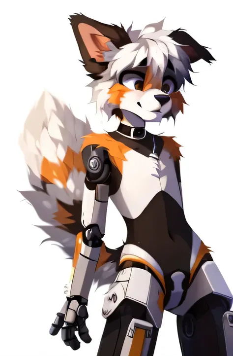 (8k, no background, white background,) (((by reysi))), detailed fur, Furry, solo, ((Australian Shepard)), white hair, ((teen)), ((male)), ((slender)), (nervous expression, one ear folded, one ear up, ear ring, choker, bandages), (((looking down over should...