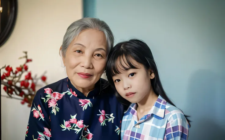 Highly realistic photo, ((masterpiece), (best quality), (raw photo), (photorealistic:1.4), A photo of an Asian grandmother and her granddaughter, taken in the late 1980s with analog film. The background is a blurred light blue color, creating a dreamy effe...