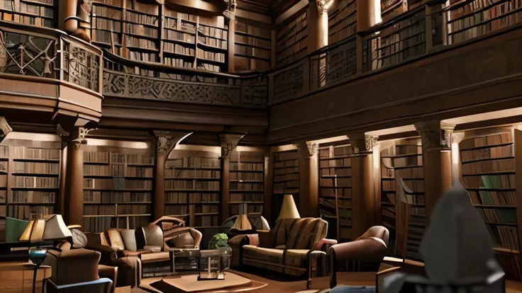 Act as an professional 3d environment designer and design a magical library interior environment for a 3d game scene Construct a grand library filled with towering bookshelves, ancient tomes, and mystical artifacts, where knowledge and magic intertwine